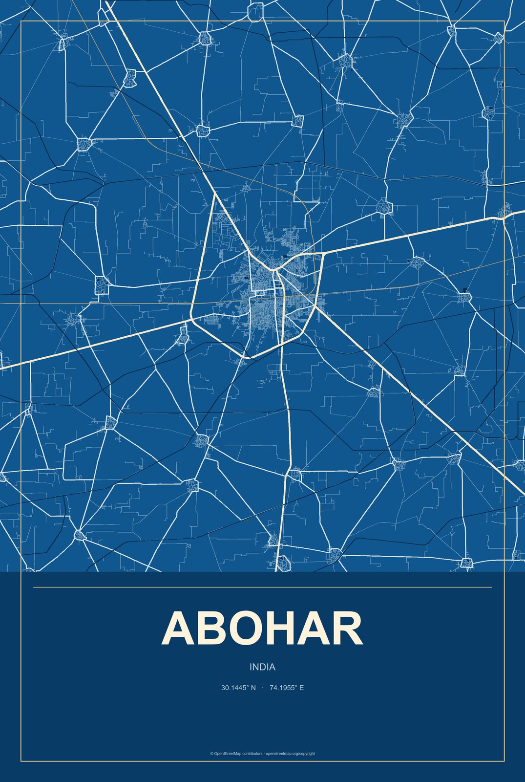 Abohar, India City Map Aluminum Sign in Harbor Cobalt style