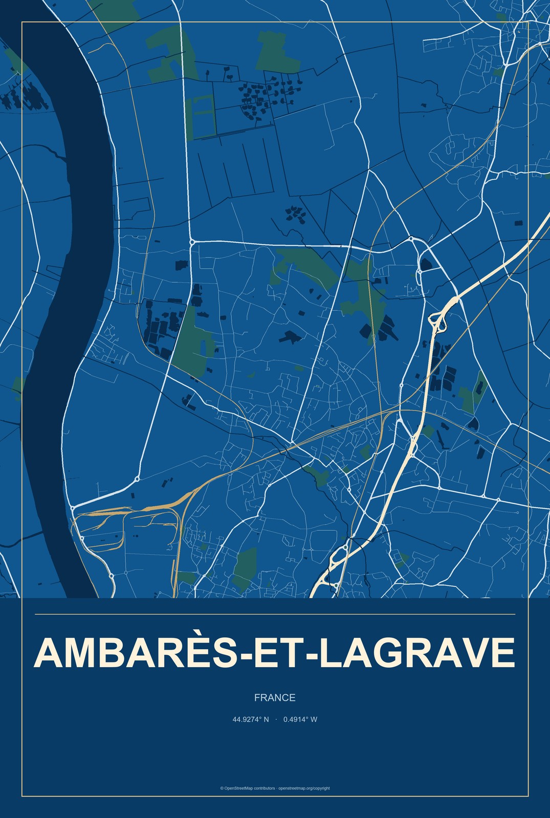 Ambarès-et-Lagrave, France City Map Aluminum Sign in Harbor Cobalt style