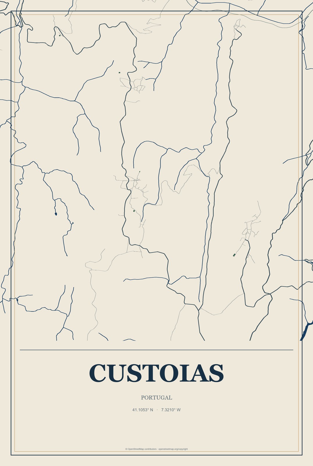 Custoias, Portugal City Map Aluminum Sign in Coastal Cutout style