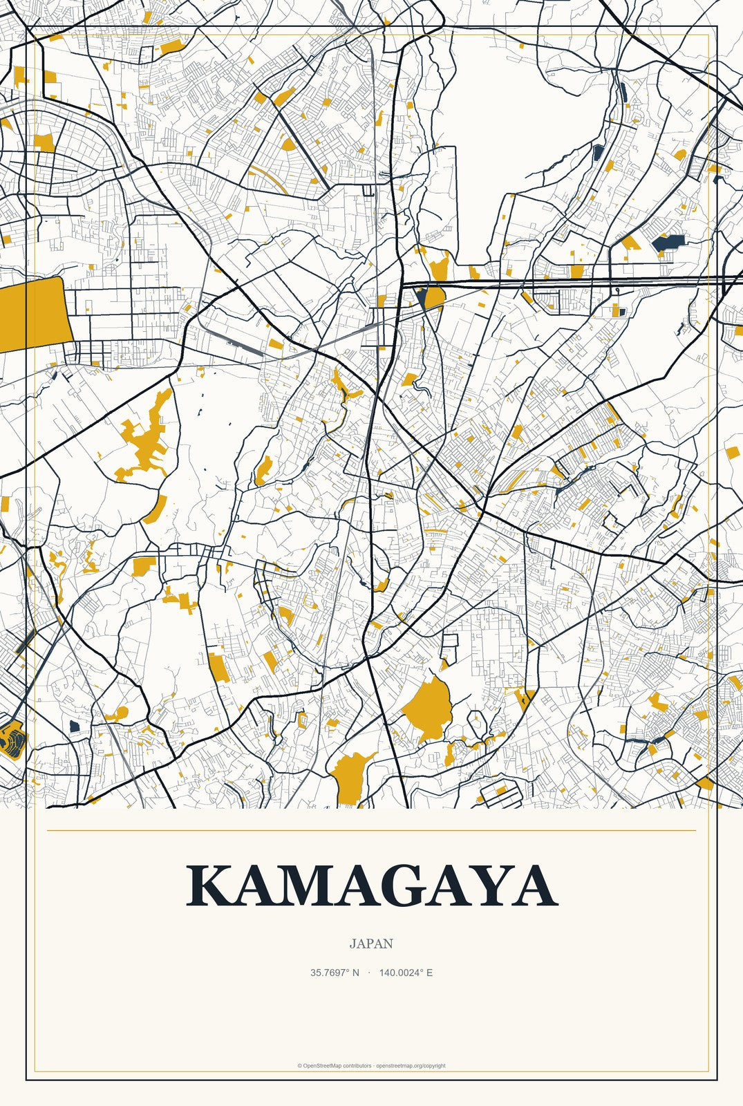 Kamagaya, Japan City Map Aluminum Sign in Citrine Modern style