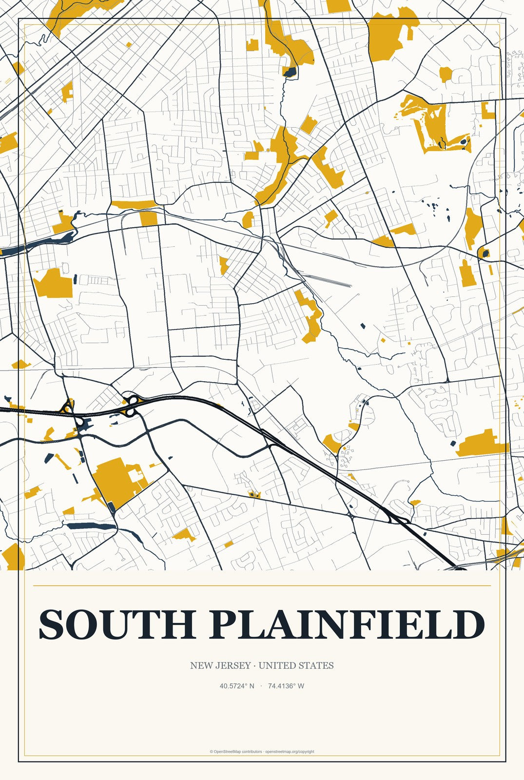 South Plainfield, New Jersey City Map Aluminum Sign in Citrine Modern style