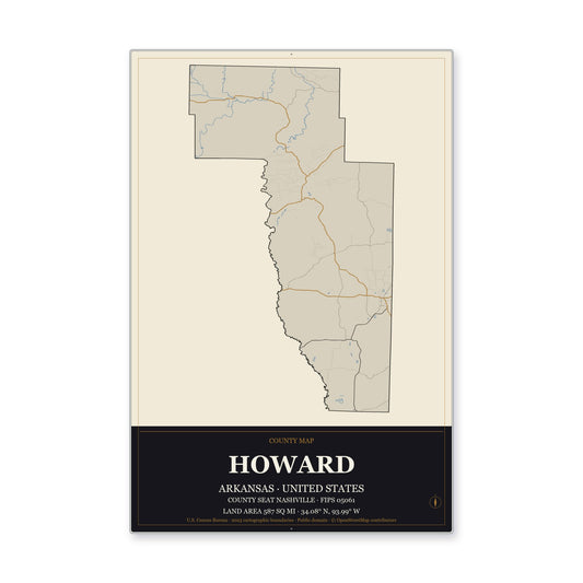 Howard County, Arkansas Map Aluminum Sign in Museum Plaque style