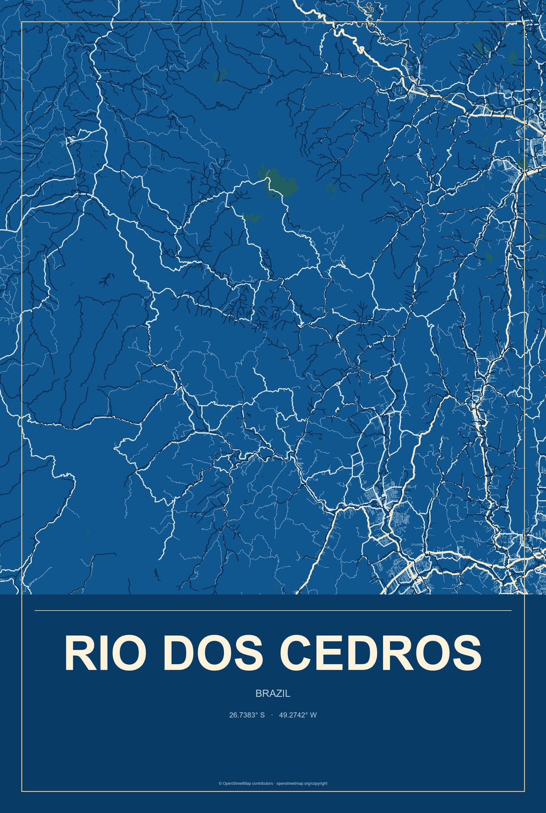 Rio dos Cedros, Brazil City Map Aluminum Sign in Harbor Cobalt style