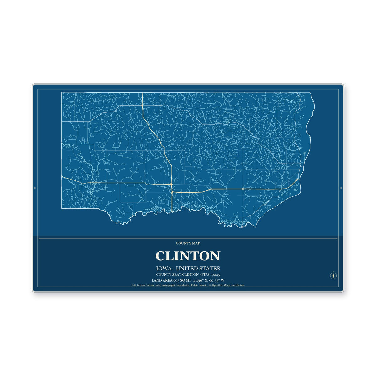Clinton County, Iowa Map Aluminum Sign in Harbor Cobalt style