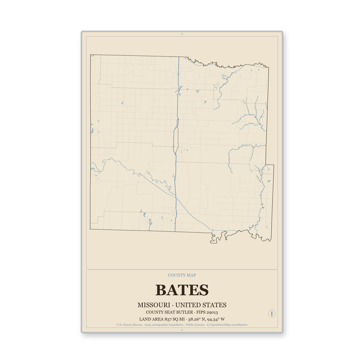 Bates County, Missouri Map Aluminum Sign in Heritage Nautical style