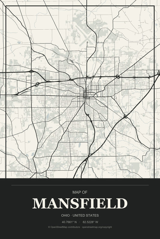 Mansfield, Ohio City Map Aluminum Sign in Museum Plaque style