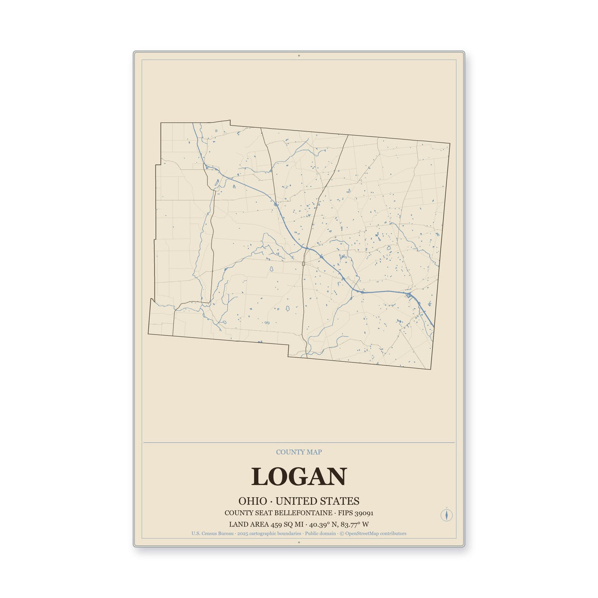 Logan County, Ohio Map Aluminum Sign in Heritage Nautical style