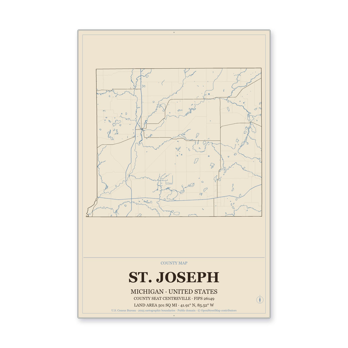 St. Joseph County, Michigan Map Aluminum Sign in Heritage Nautical style