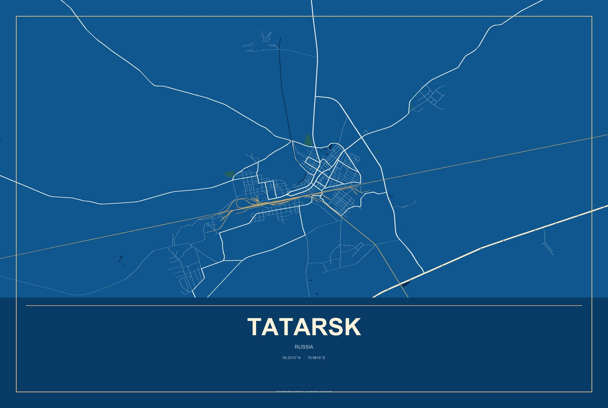 Tatarsk, Russia City Map Aluminum Sign in Harbor Cobalt style