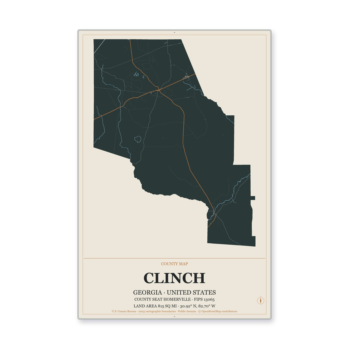 Clinch County, Georgia Map Aluminum Sign in Headline Atlas style