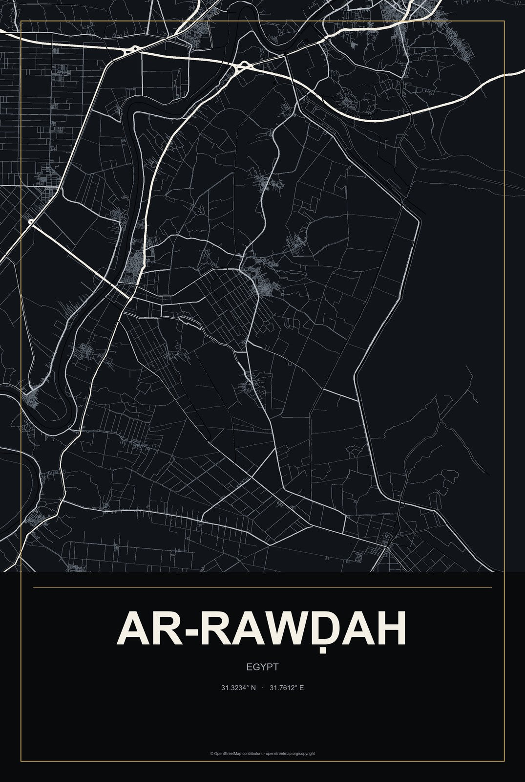 Ar-Rawḍah, Egypt City Map Aluminum Sign in Metropolitan Noir style