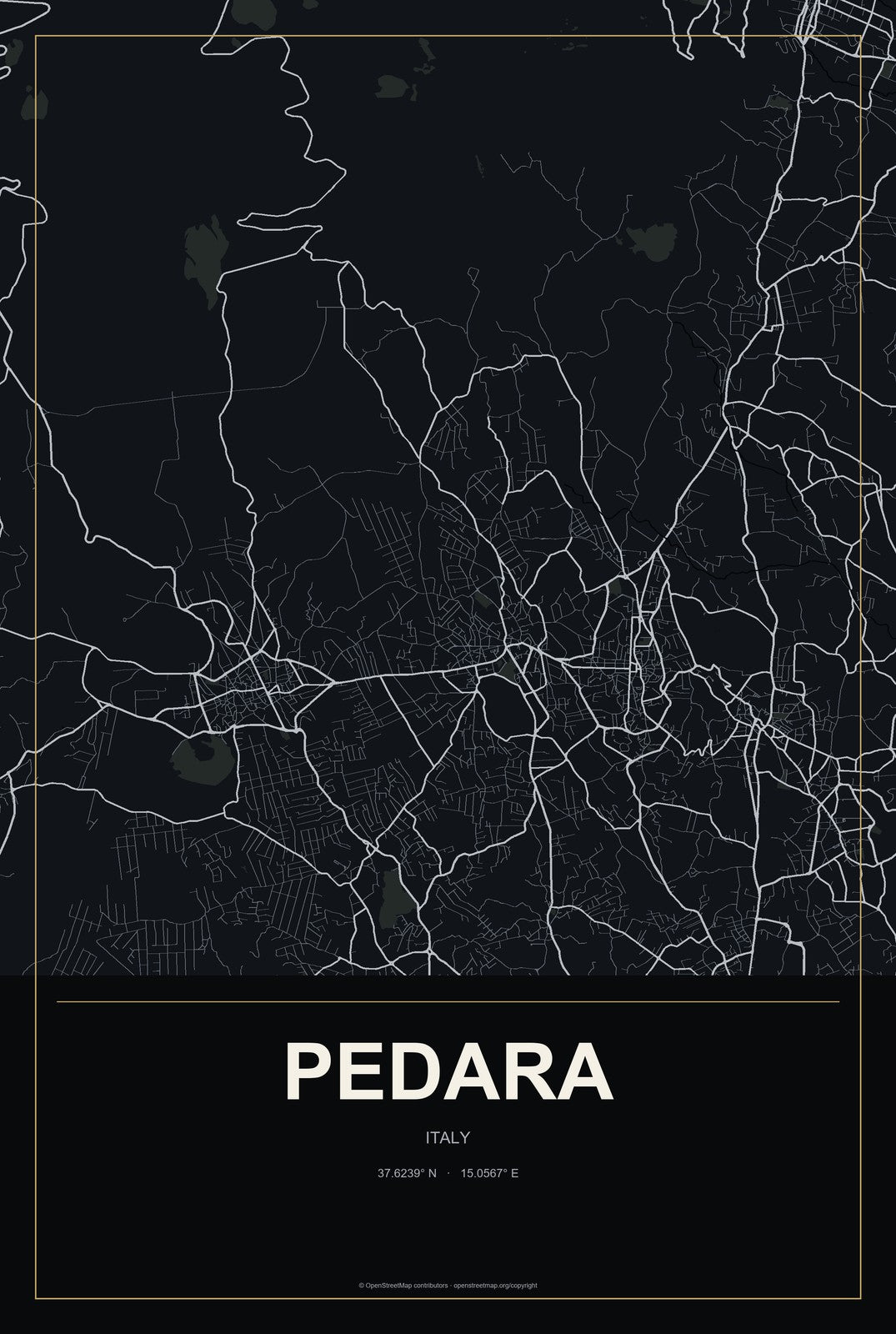 Pedara, Italy City Map Aluminum Sign in Metropolitan Noir style