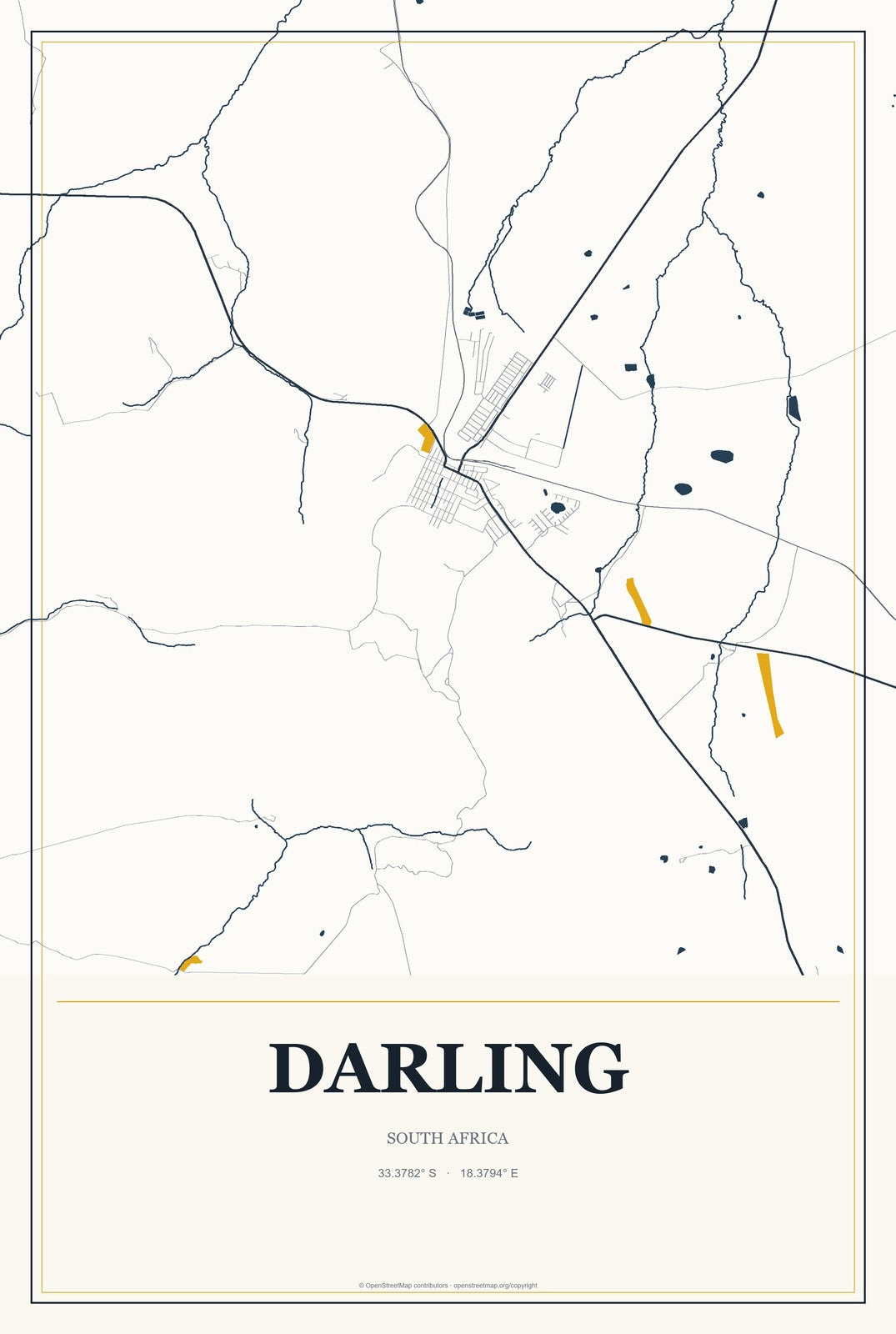 Darling, South Africa City Map Aluminum Sign in Citrine Modern style