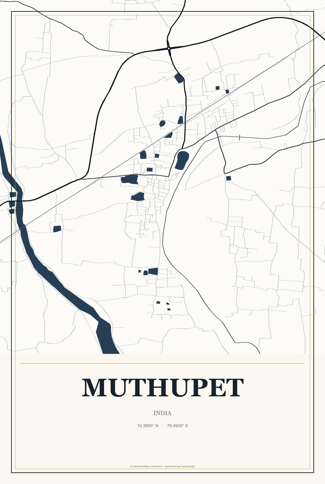 Muthupet, India City Map Aluminum Sign in Citrine Modern style