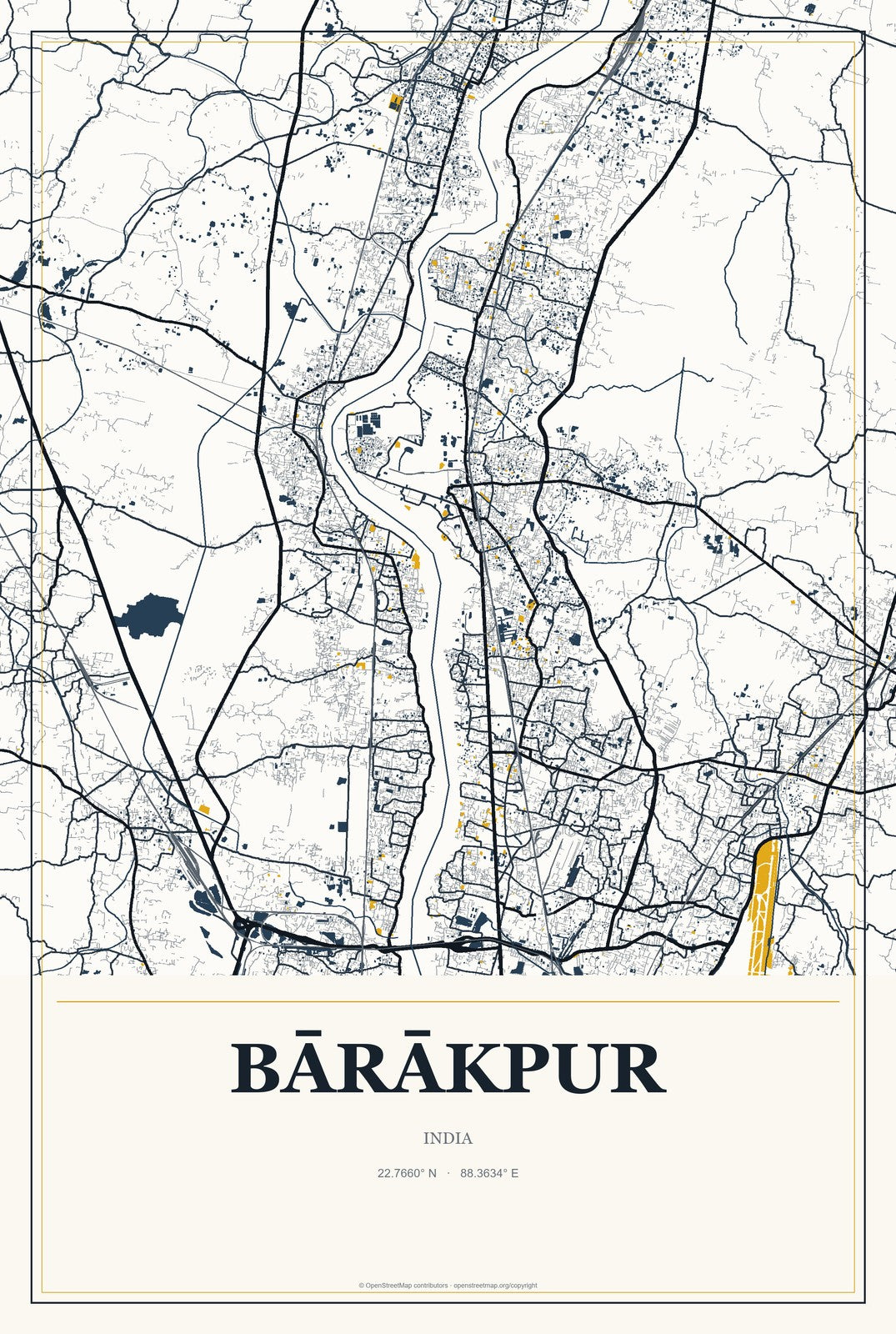 Bārākpur, India City Map Aluminum Sign in Citrine Modern style