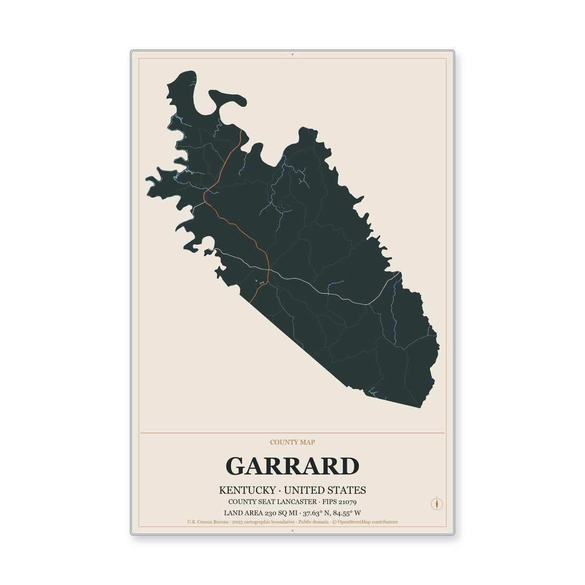 Garrard County, Kentucky Map Aluminum Sign in Headline Atlas style