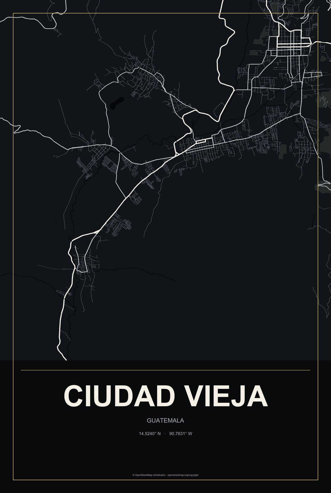 Ciudad Vieja, Guatemala City Map Aluminum Sign in Metropolitan Noir style