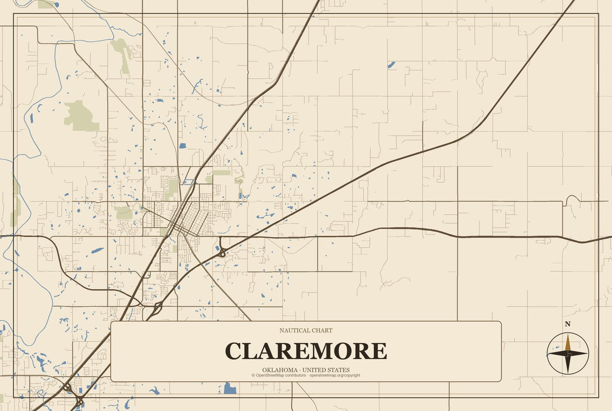 Claremore, Oklahoma City Map Aluminum Sign in Heritage Nautical style