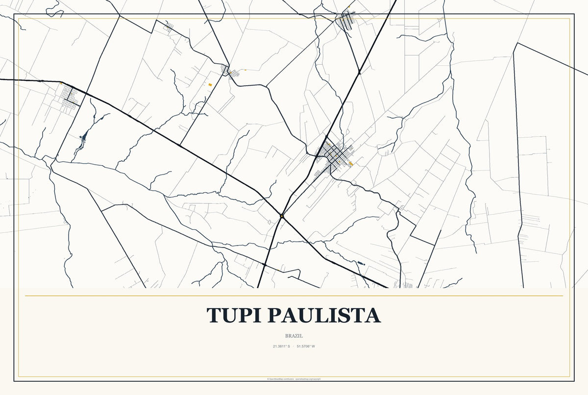 Tupi Paulista, Brazil City Map Aluminum Sign in Citrine Modern style