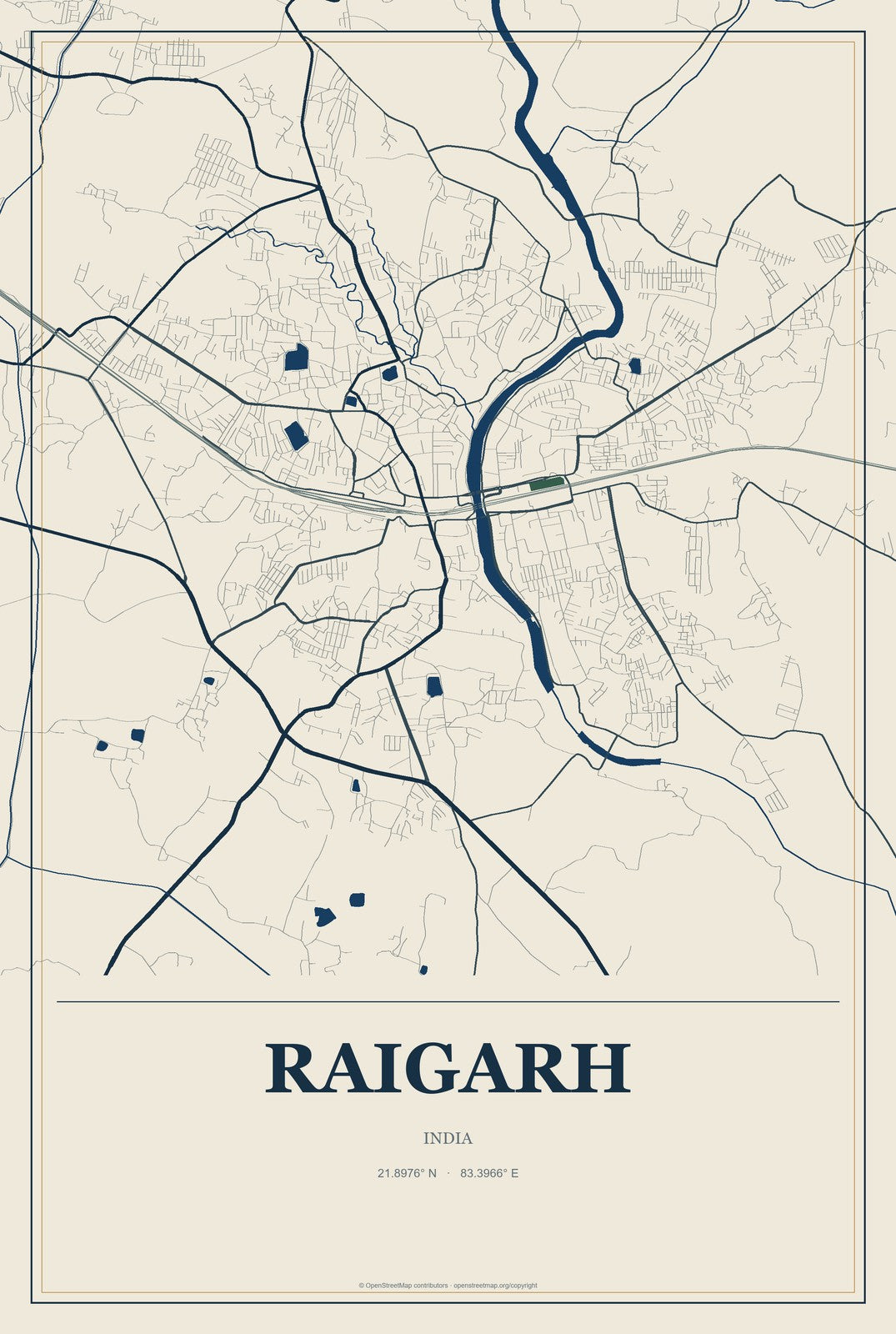 Raigarh, India City Map Aluminum Sign in Coastal Cutout style