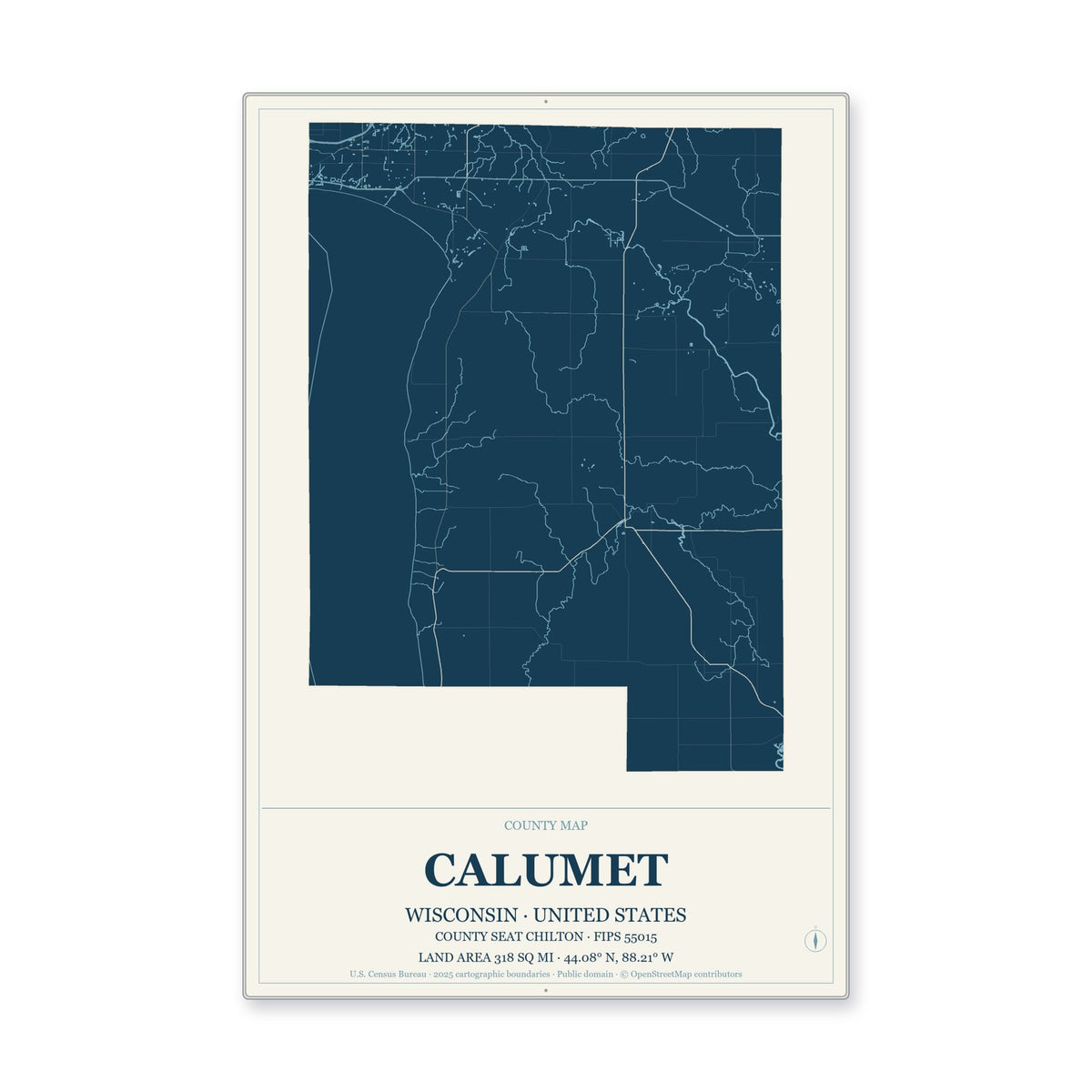 Calumet County, Wisconsin Map Aluminum Sign in Coastal Cutout style