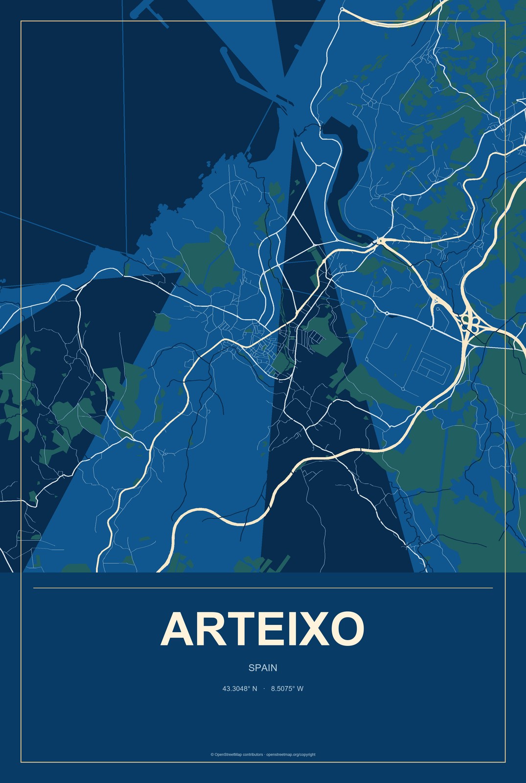 Arteixo, Spain City Map Aluminum Sign in Harbor Cobalt style