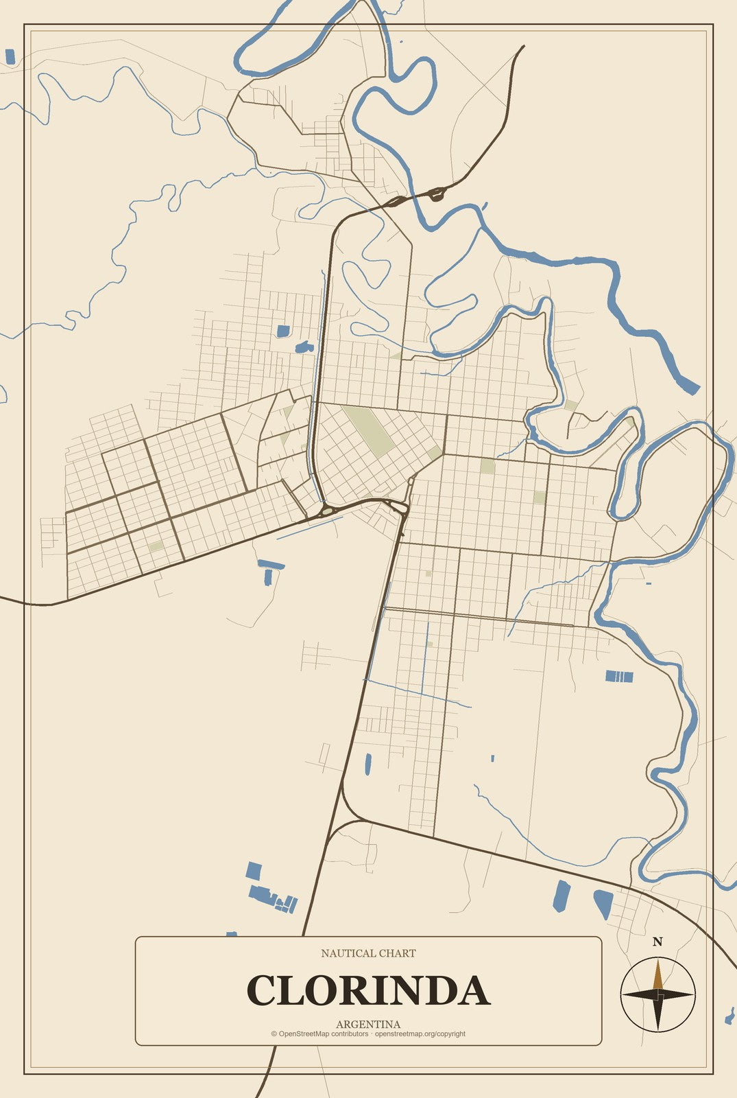 Clorinda, Argentina City Map Aluminum Sign in Heritage Nautical style