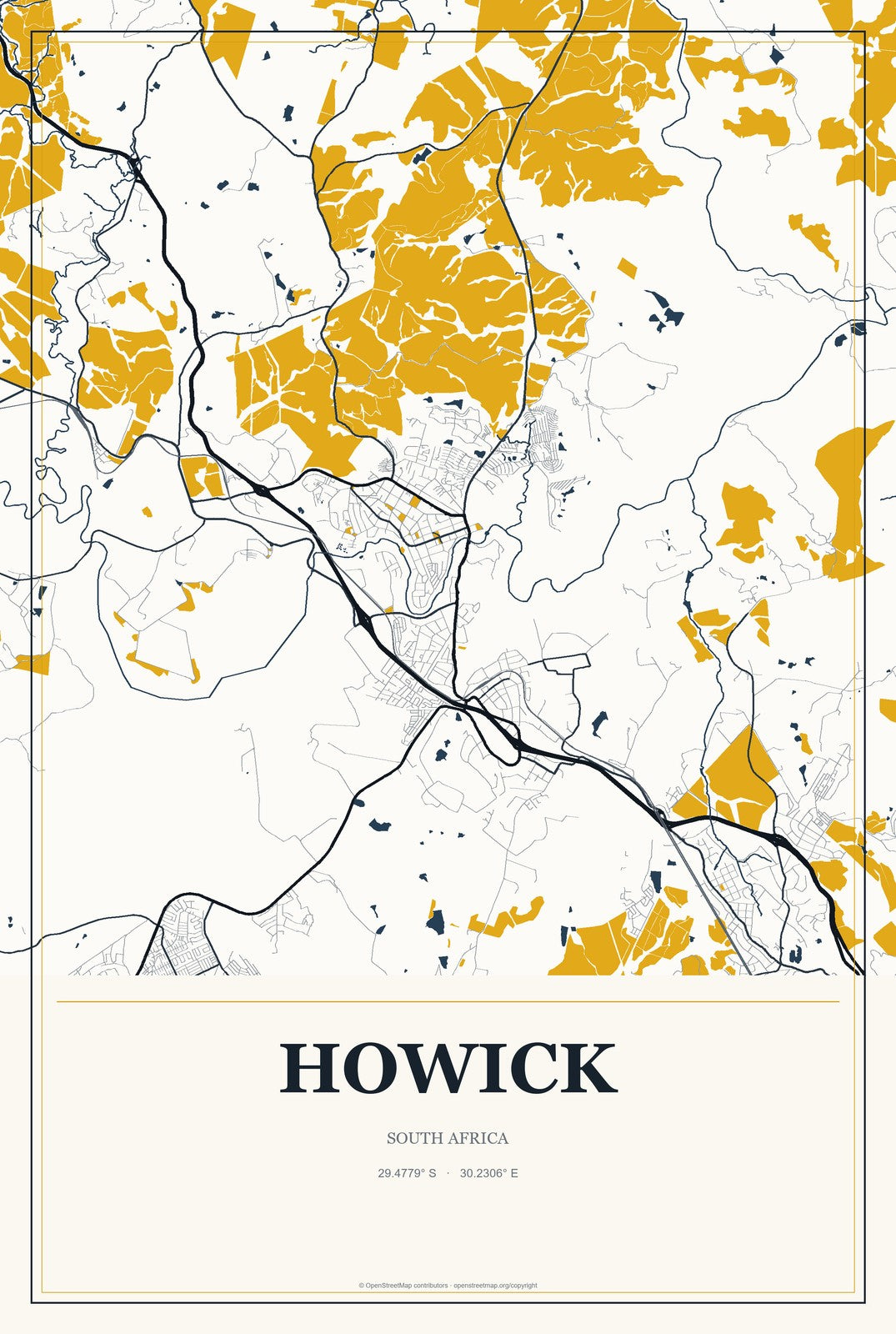 Howick, South Africa City Map Aluminum Sign in Citrine Modern style