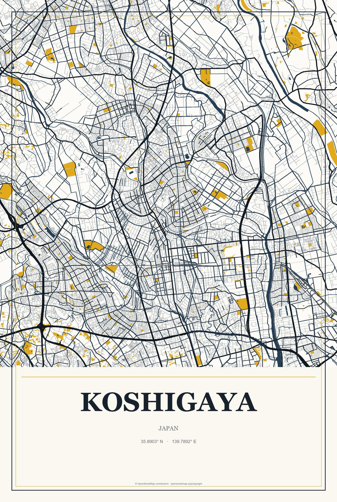 Koshigaya, Japan City Map Aluminum Sign in Citrine Modern style