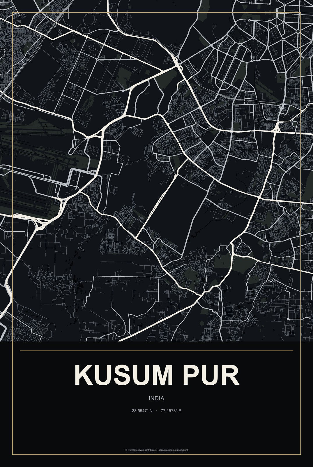 Kusum Pur, India City Map Aluminum Sign in Metropolitan Noir style