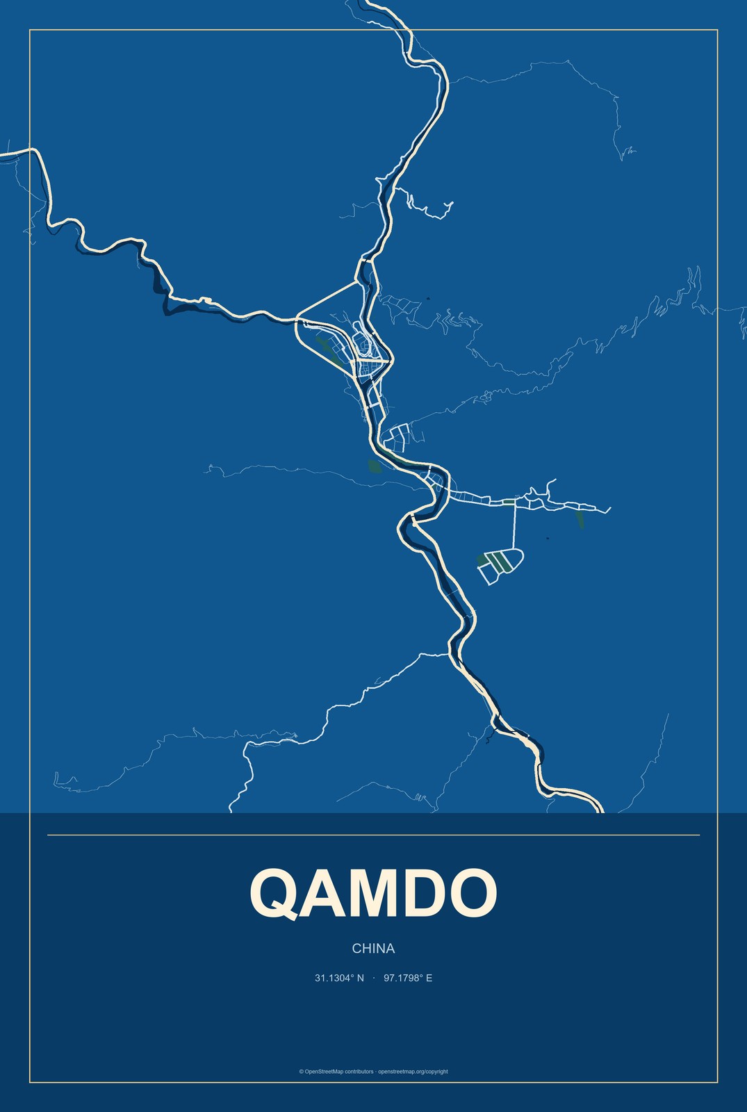 Qamdo, China City Map Aluminum Sign in Harbor Cobalt style