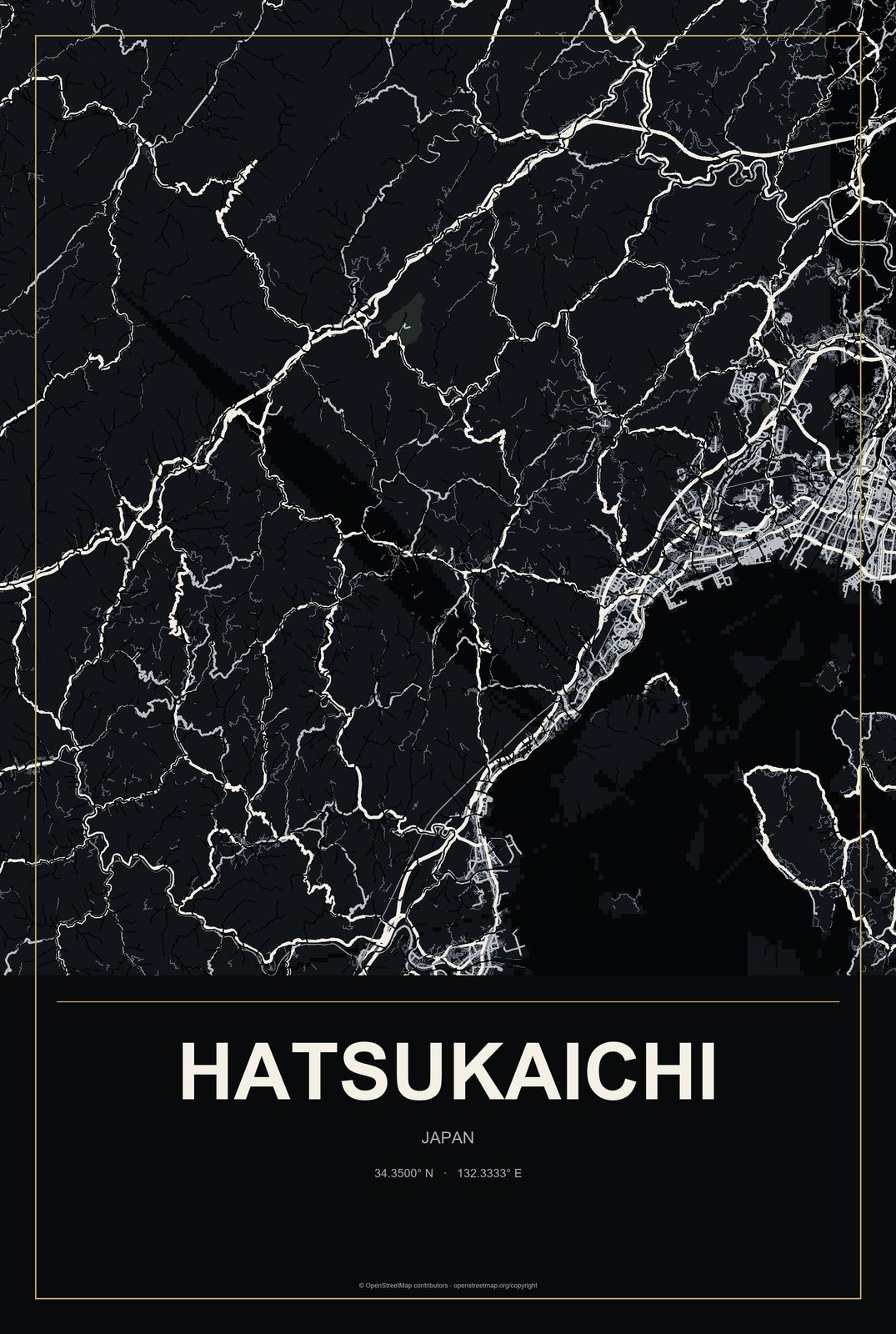 Hatsukaichi, Japan City Map Aluminum Sign in Metropolitan Noir style