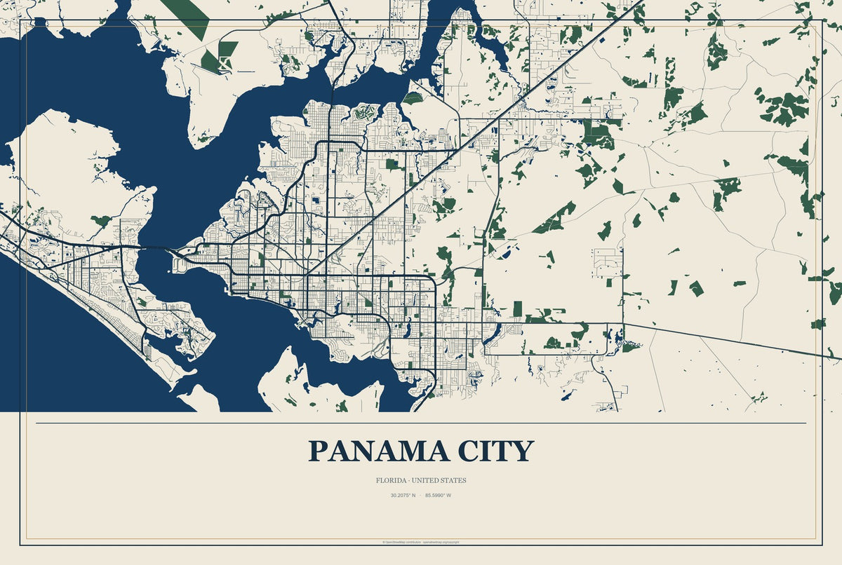 Panama City, Florida City Map Aluminum Sign in Coastal Cutout style