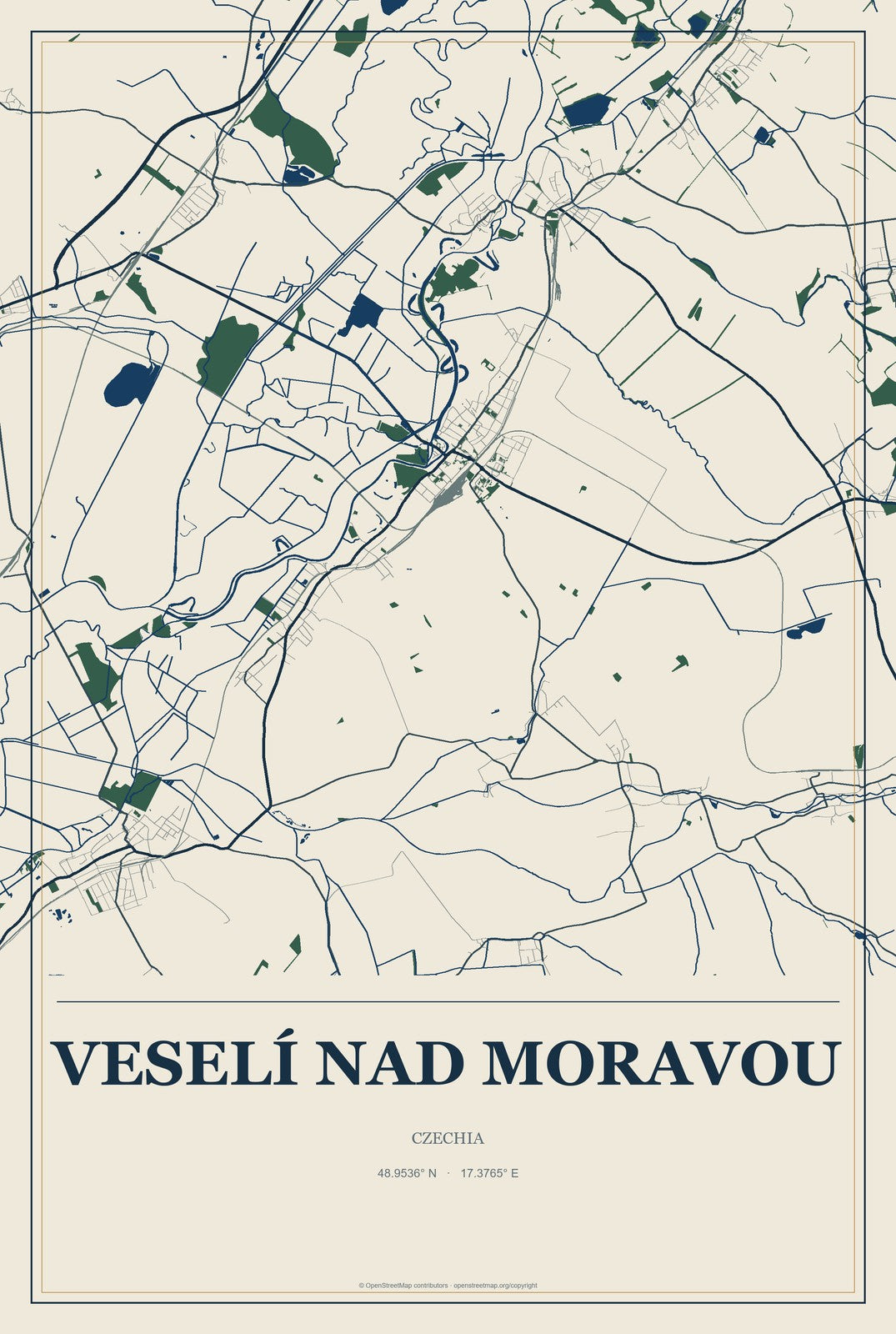 Veselí nad Moravou, Czechia City Map Aluminum Sign in Coastal Cutout style