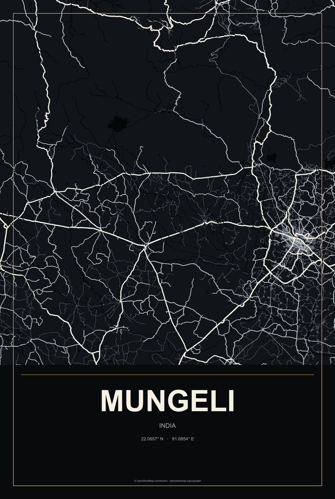 Mungeli, India City Map Aluminum Sign in Metropolitan Noir style