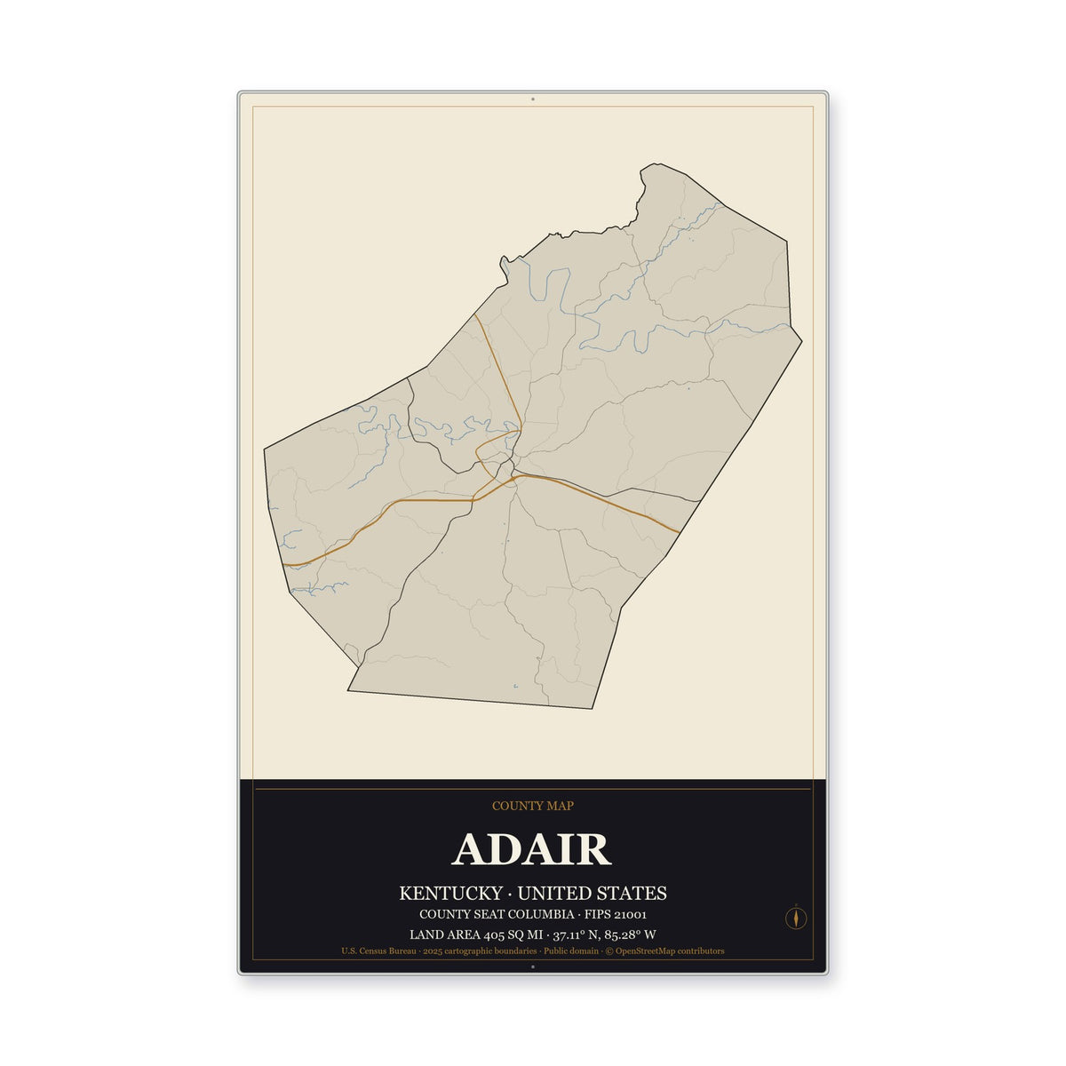Adair County, Kentucky Map Aluminum Sign in Museum Plaque style