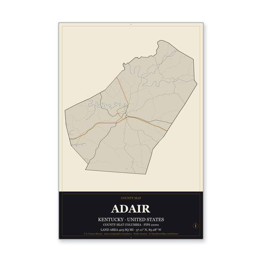 Adair County, Kentucky Map Aluminum Sign in Museum Plaque style