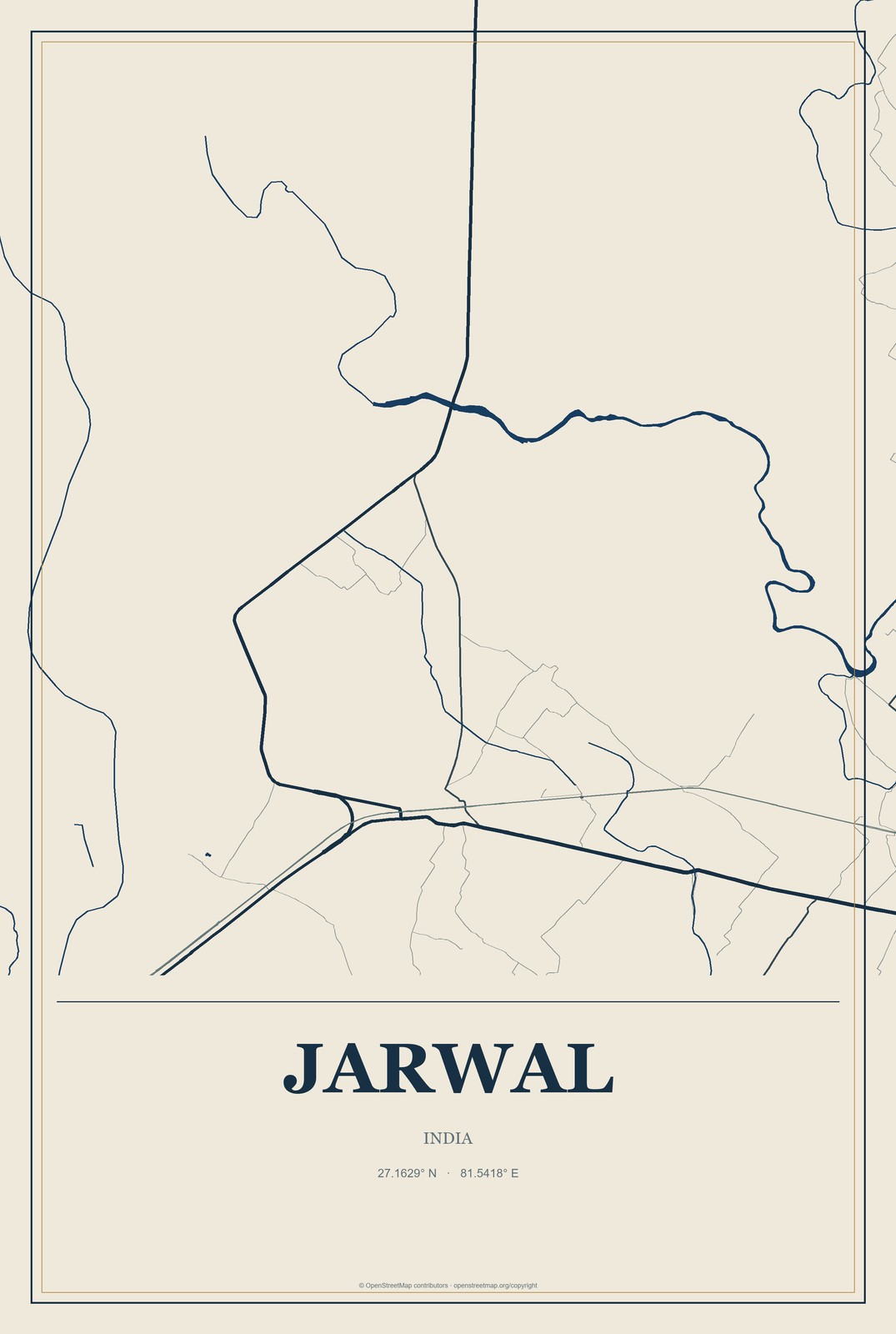 Jarwal, India City Map Aluminum Sign in Coastal Cutout style