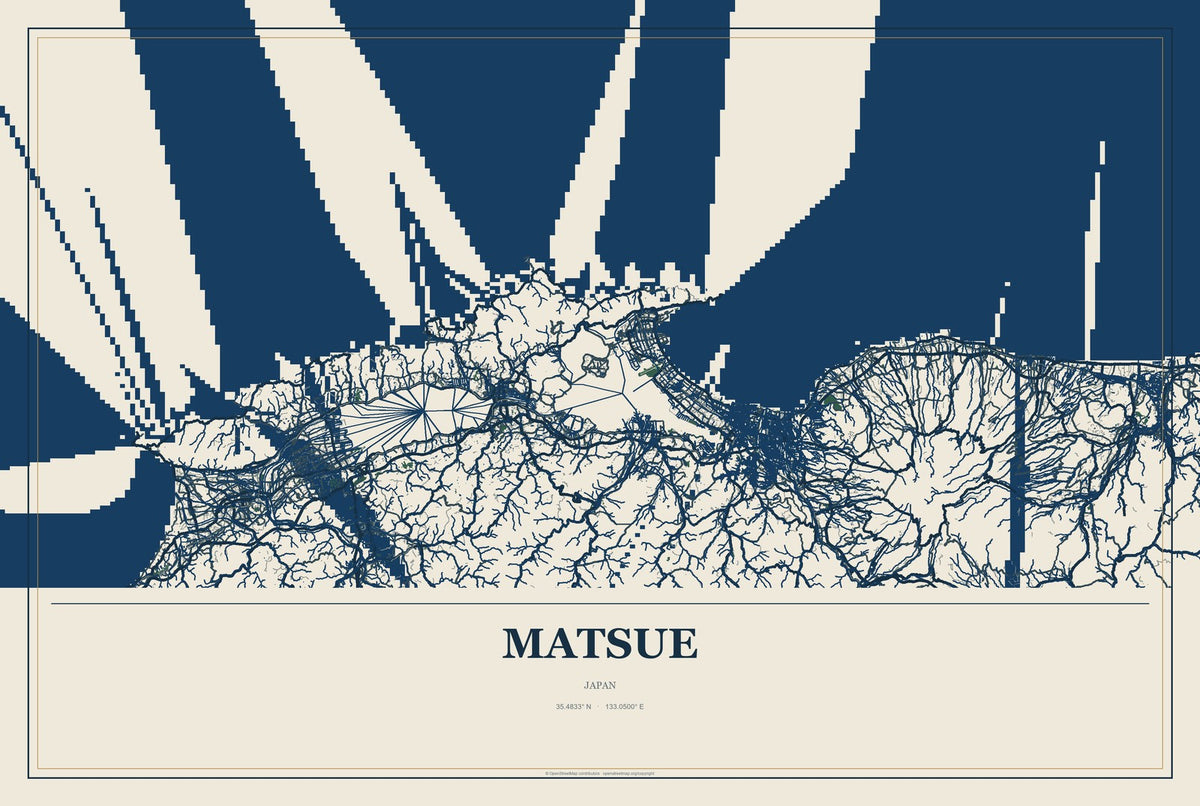 Matsue, Japan City Map Aluminum Sign in Coastal Cutout style