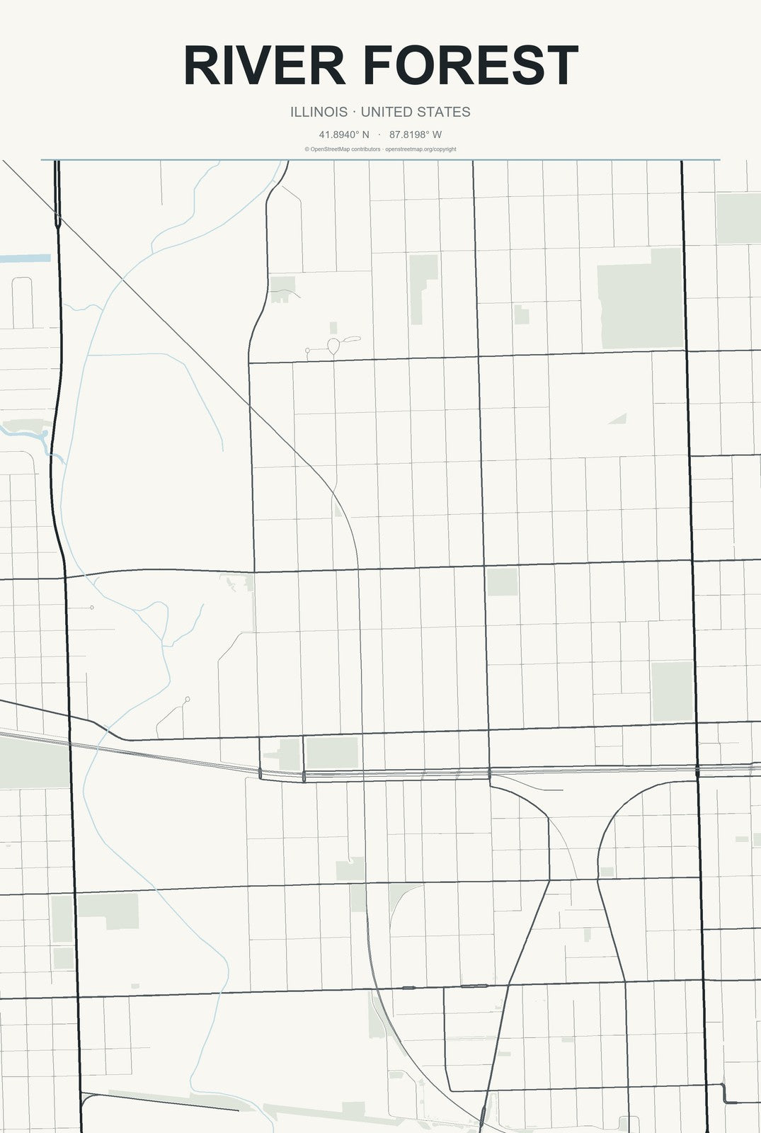 River Forest, Illinois City Map Aluminum Sign in Headline Atlas style