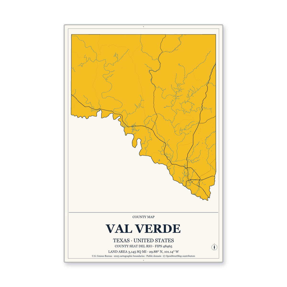 Val Verde County, Texas Map Aluminum Sign in Citrine Modern style