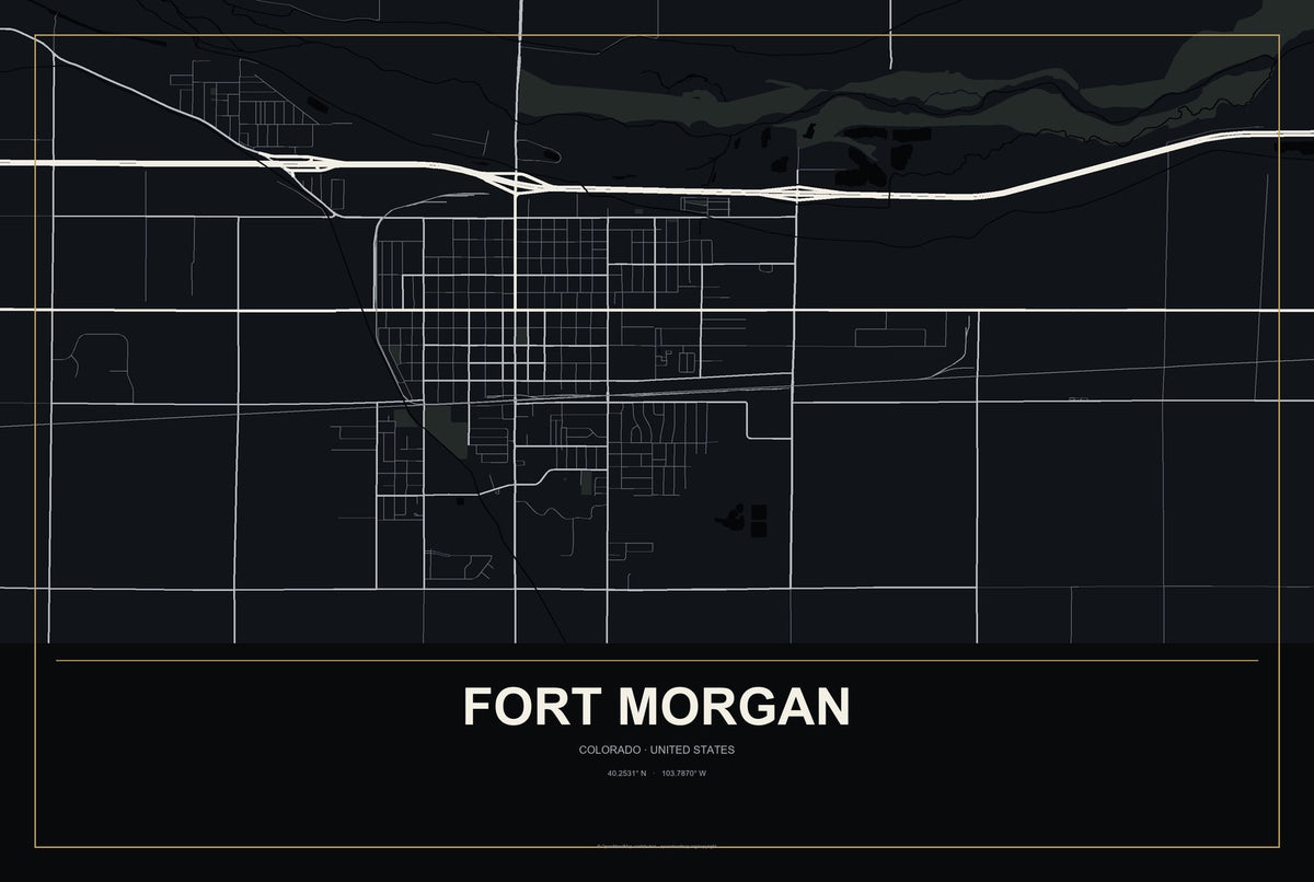 Fort Morgan, Colorado City Map Aluminum Sign in Metropolitan Noir style