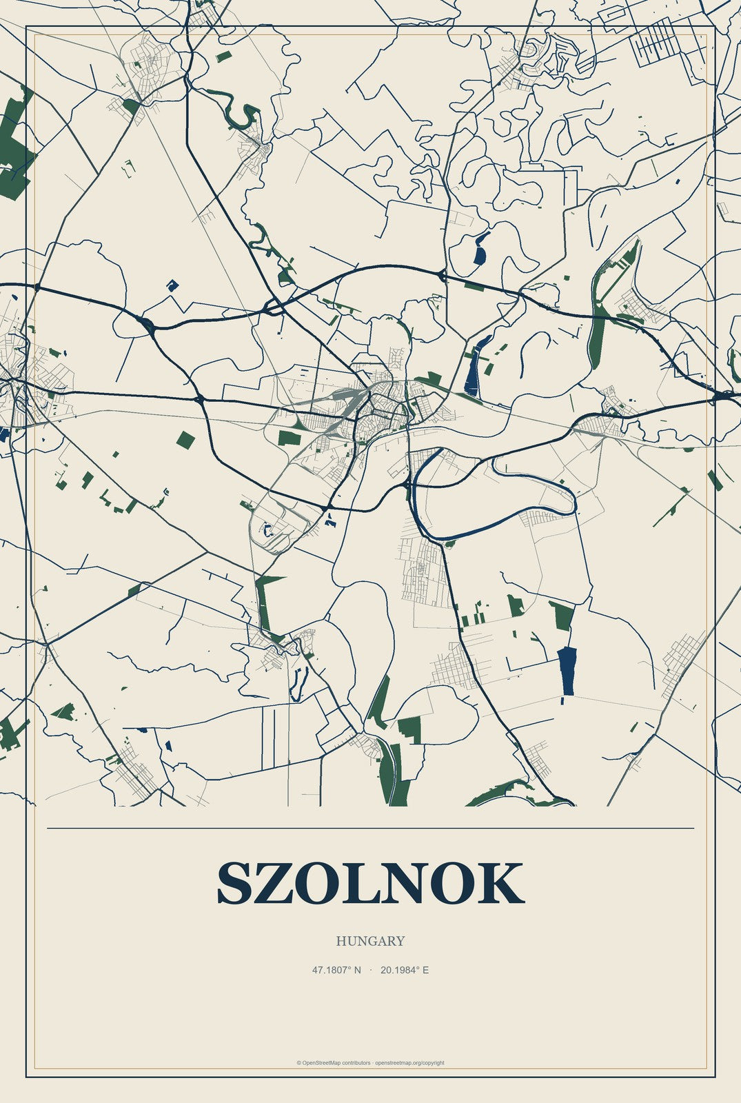 Szolnok, Hungary City Map Aluminum Sign in Coastal Cutout style