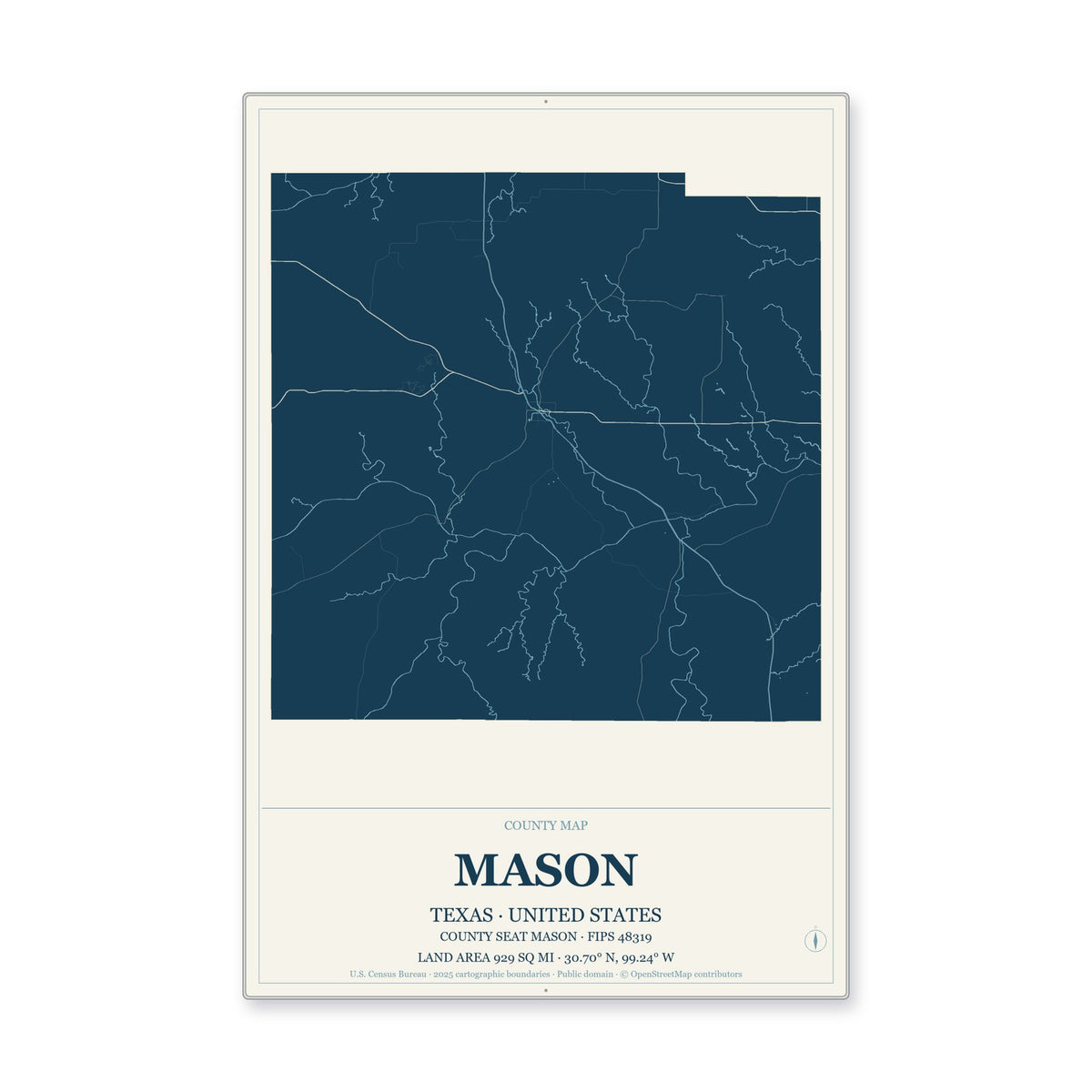 Mason County, Texas Map Aluminum Sign in Coastal Cutout style