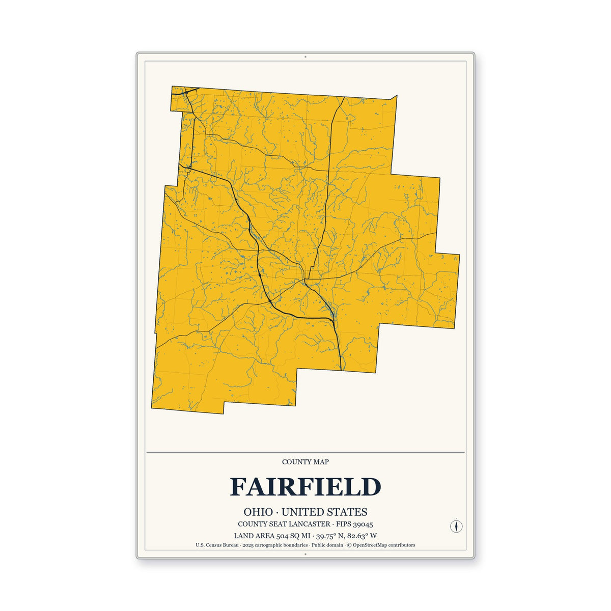 Fairfield County, Ohio Map Aluminum Sign in Citrine Modern style