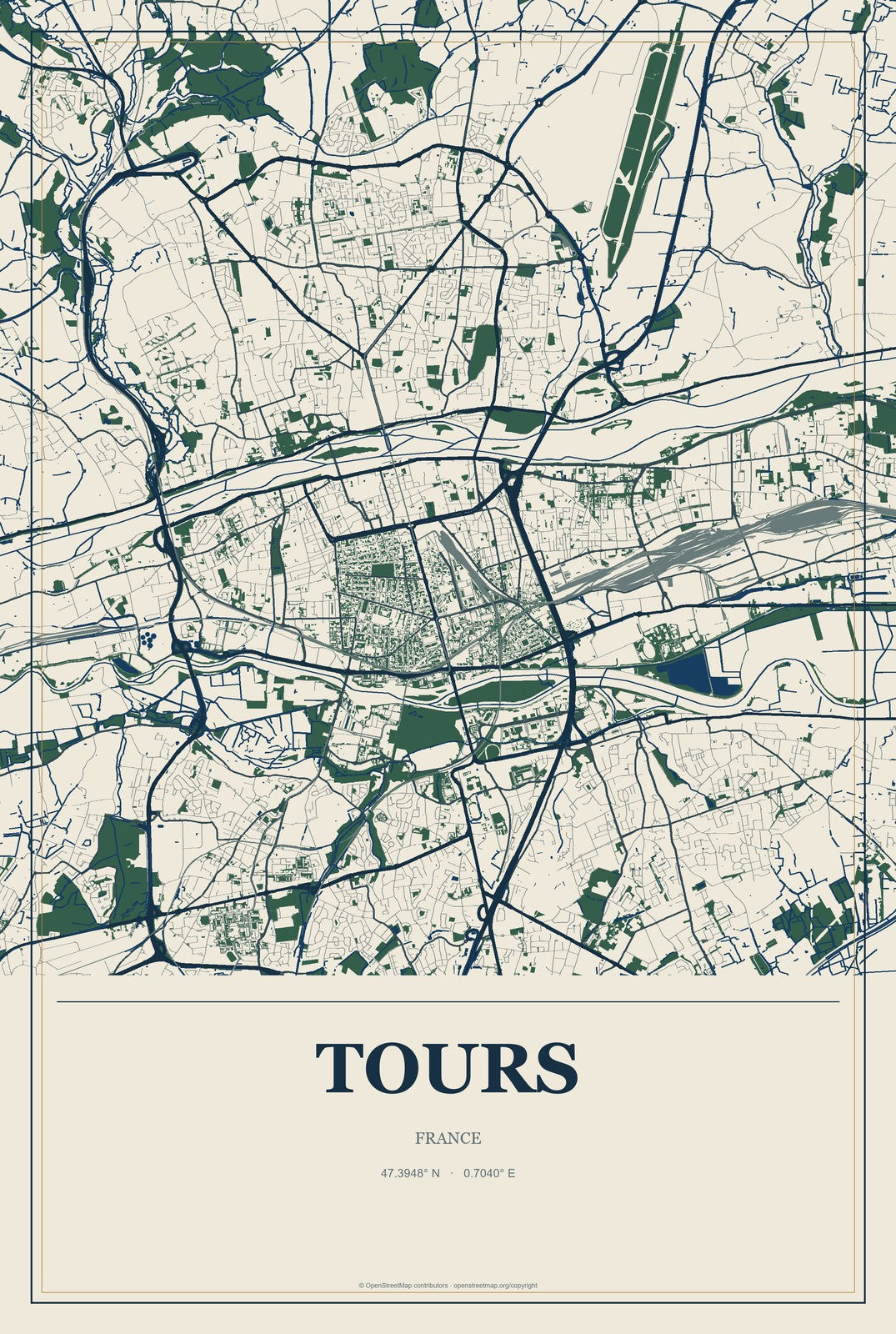 Tours, France City Map Aluminum Sign in Coastal Cutout style