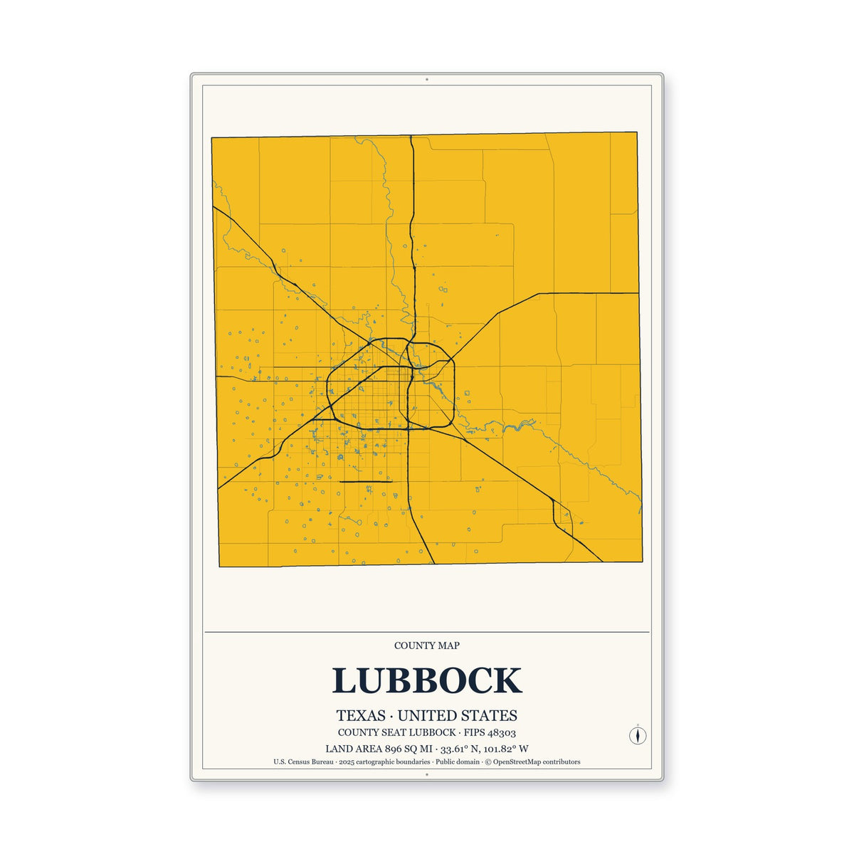 Lubbock County, Texas Map Aluminum Sign in Citrine Modern style