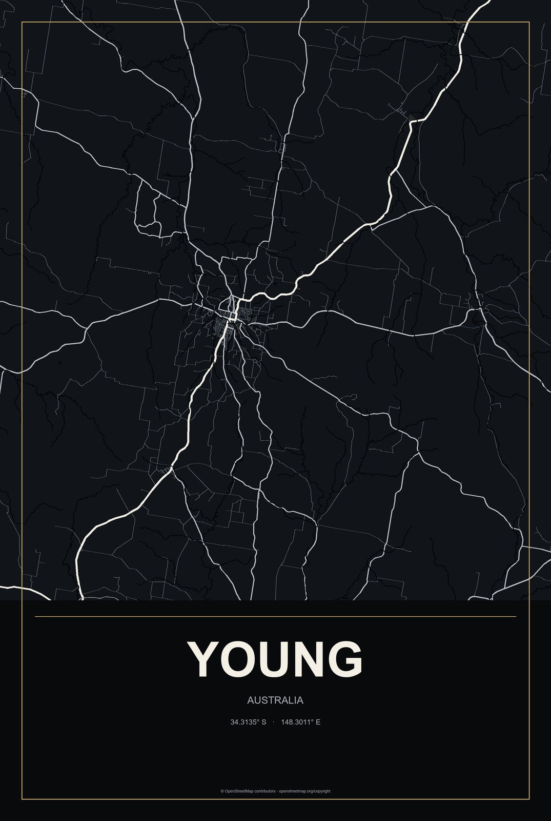 Young, Australia City Map Aluminum Sign in Metropolitan Noir style