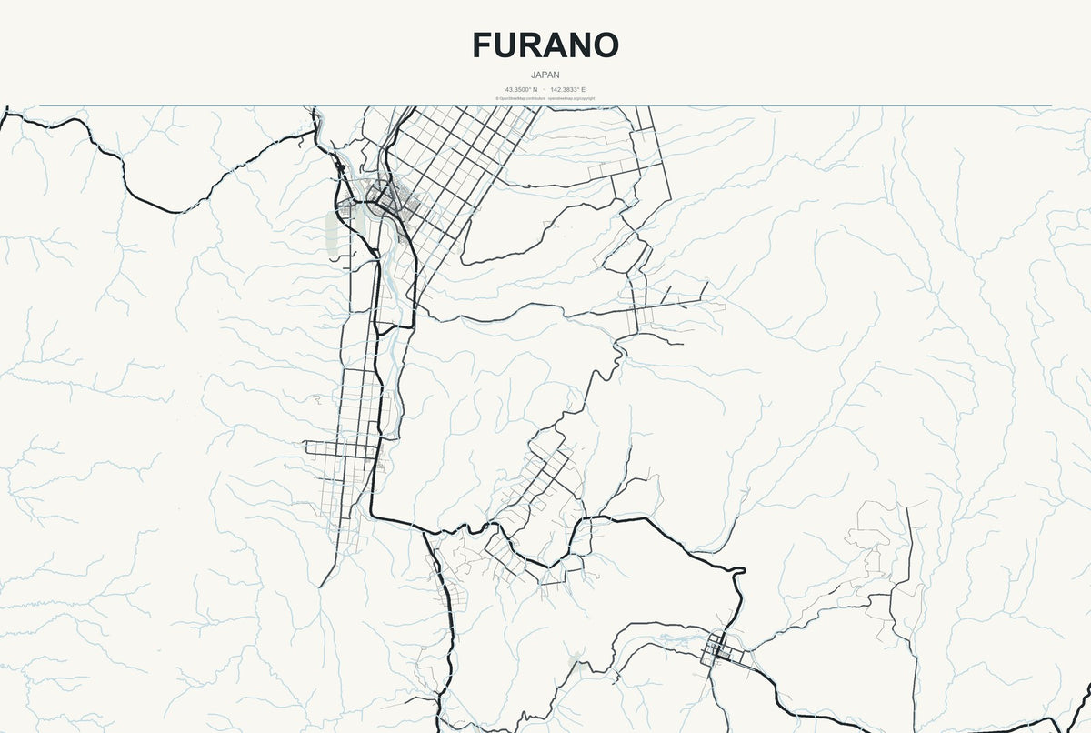 Furano, Japan City Map Aluminum Sign in Headline Atlas style