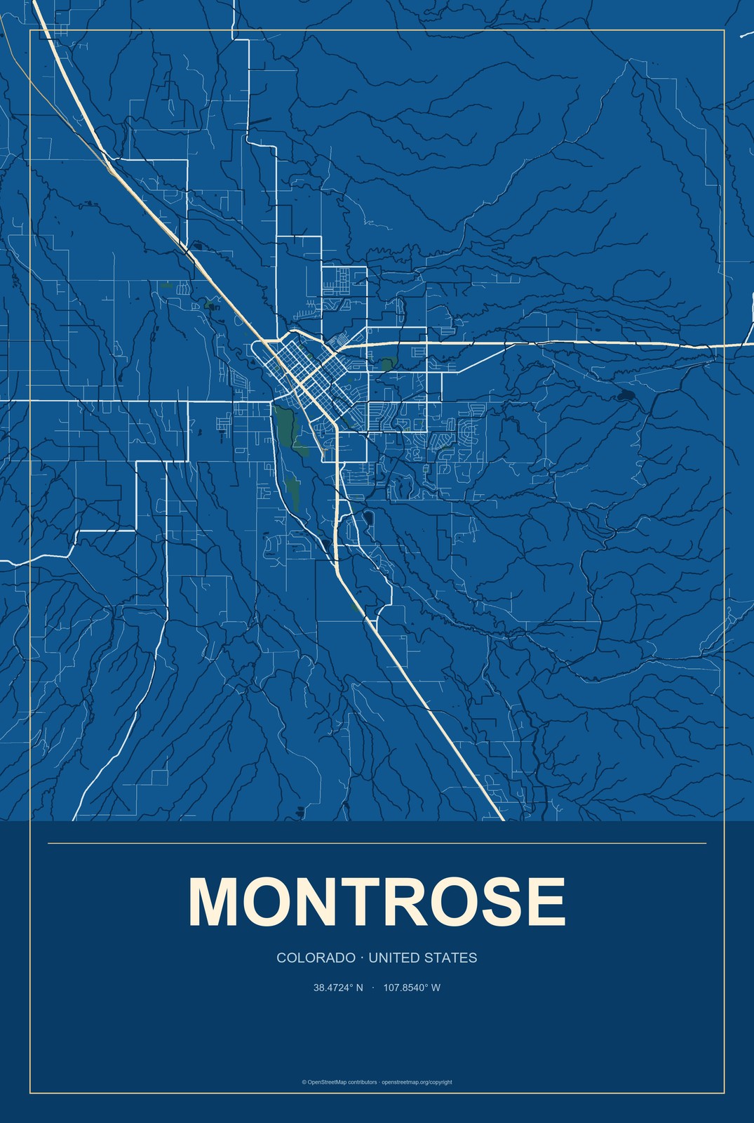 Montrose, Colorado City Map Aluminum Sign in Harbor Cobalt style